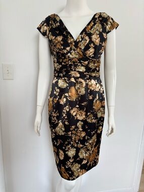 Kasper Black and Brown Floral  Midi Sheath Dress